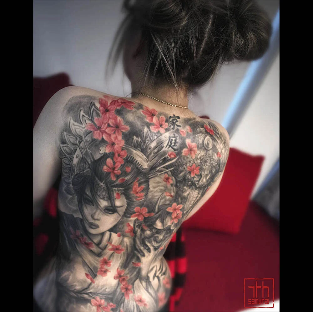 Geisha hannya mask cherry blossom Ganesha Ganesh back kai 7th